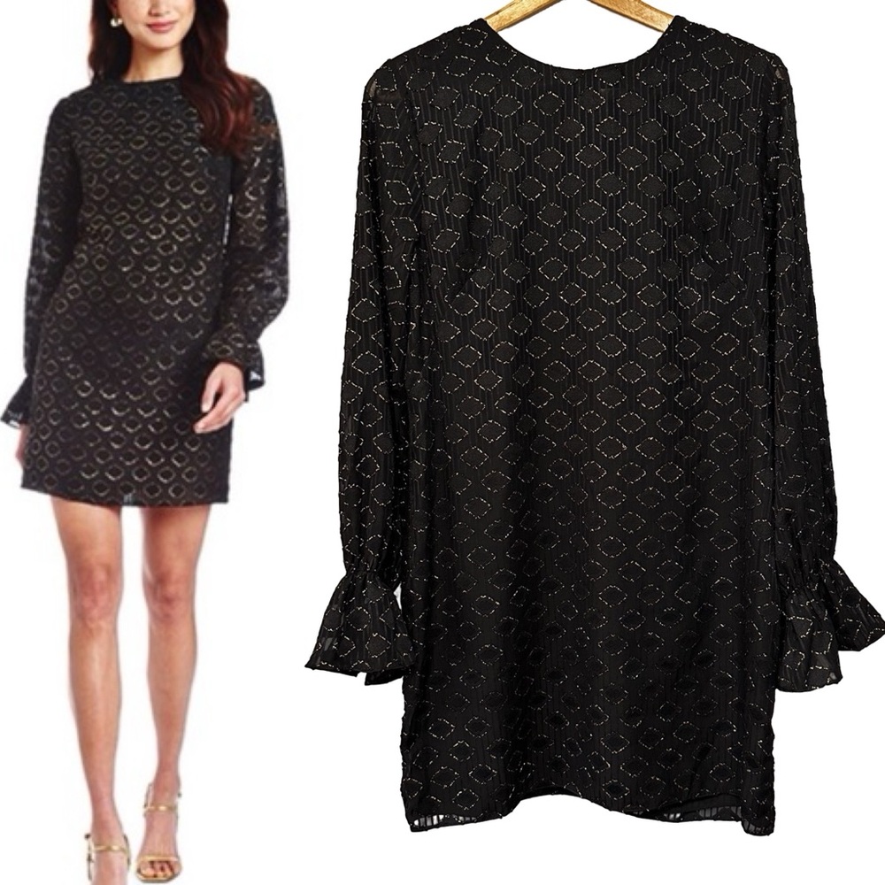 Amanda Uprichard Black Gold Etienne Shift Dress Large Long Sleeve Chic Luxury